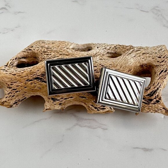 Gunmetal & Silver Rectangular Stripe Cufflinks For Men - Picture 1 of 8